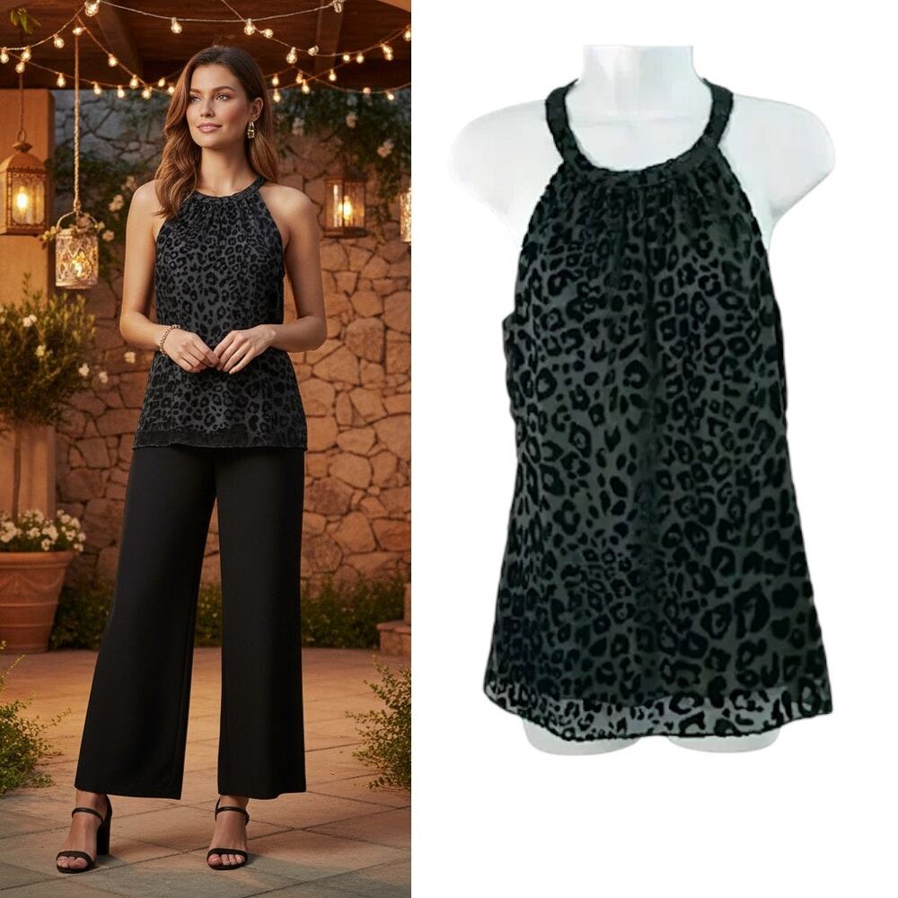 White House Black Market Halter Neck Top Wmn's Sz S Black Velvet Flocked Chiffon